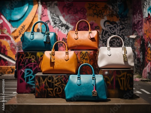 Designer handbags displayed on a pedestal with a graffiti art wall behind them