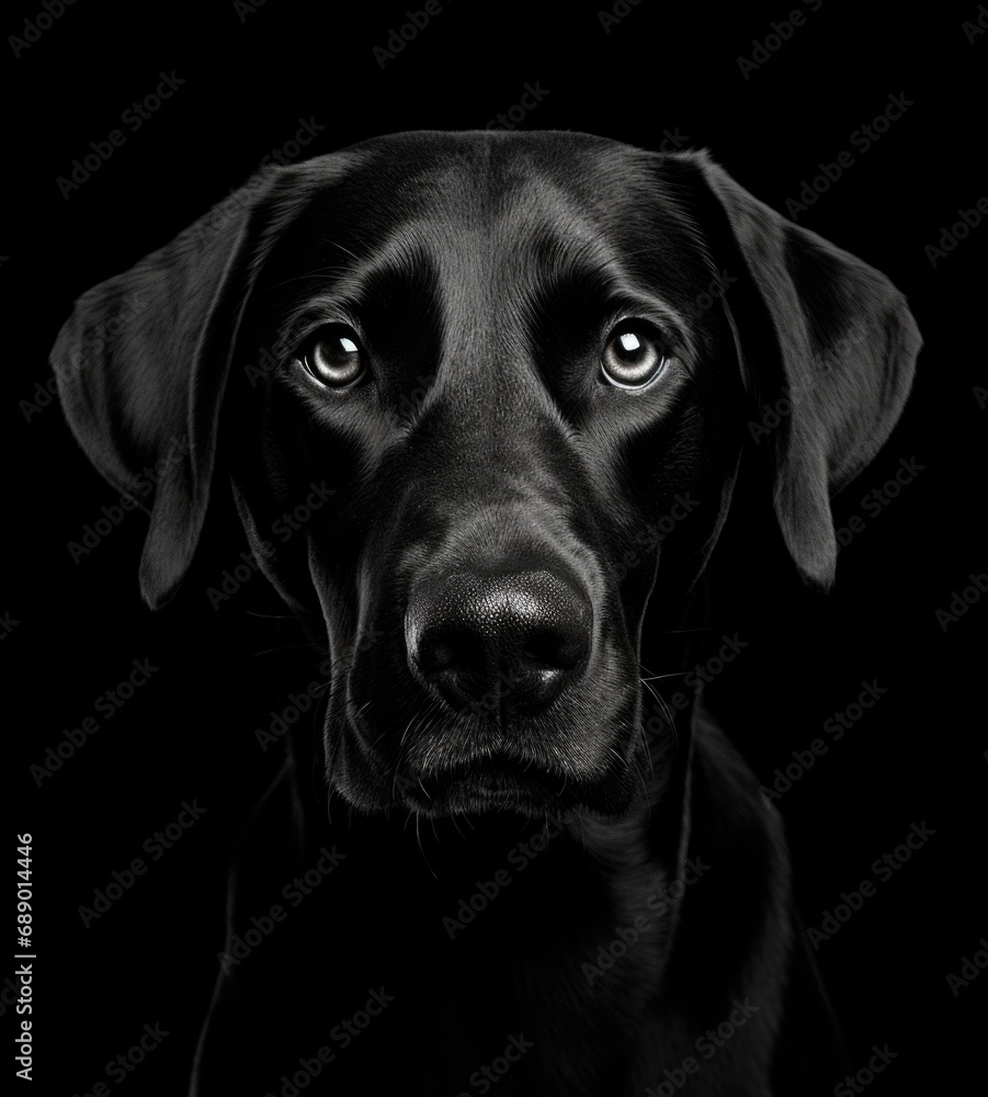 Black labrador dog portrait isolated on black background. Generative AI. Black labrador dog portrait isolated on black background. Generative AI.