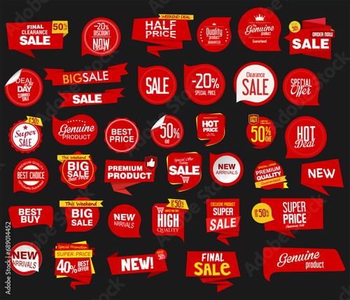 Collection of red modern badges and labels