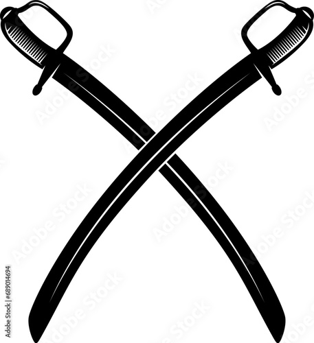 Crossed ancient sabers. Design element for emblem, sign, badge. Vector illustration photo