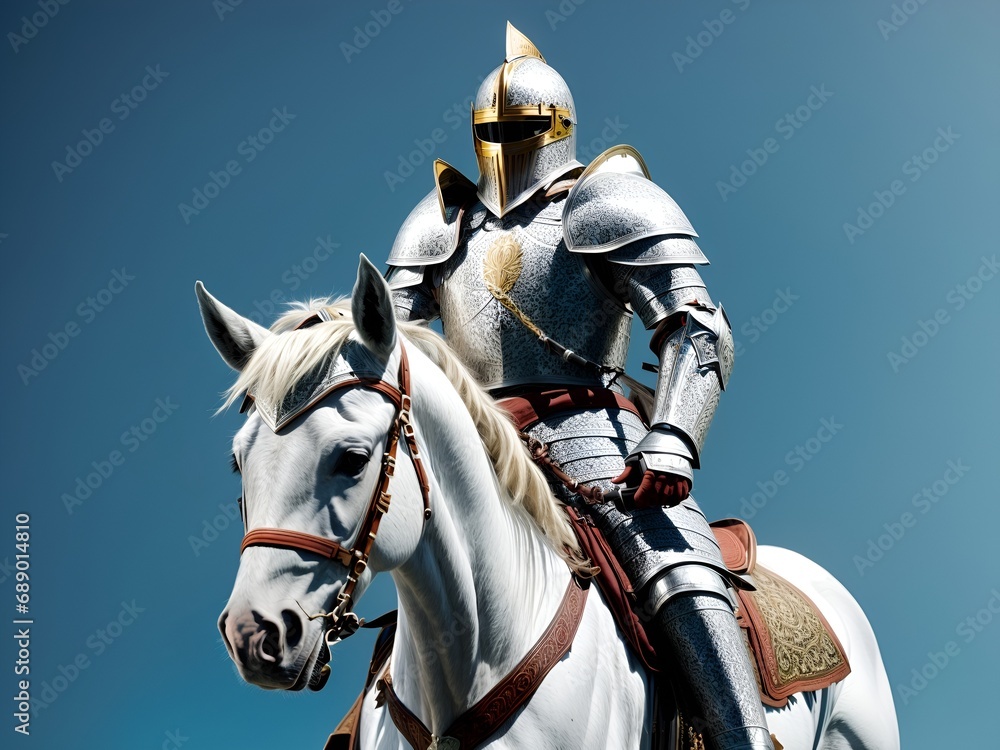 A character of a knight in shining armor with a sword, on a white horse - obrazy, fototapety, plakaty 