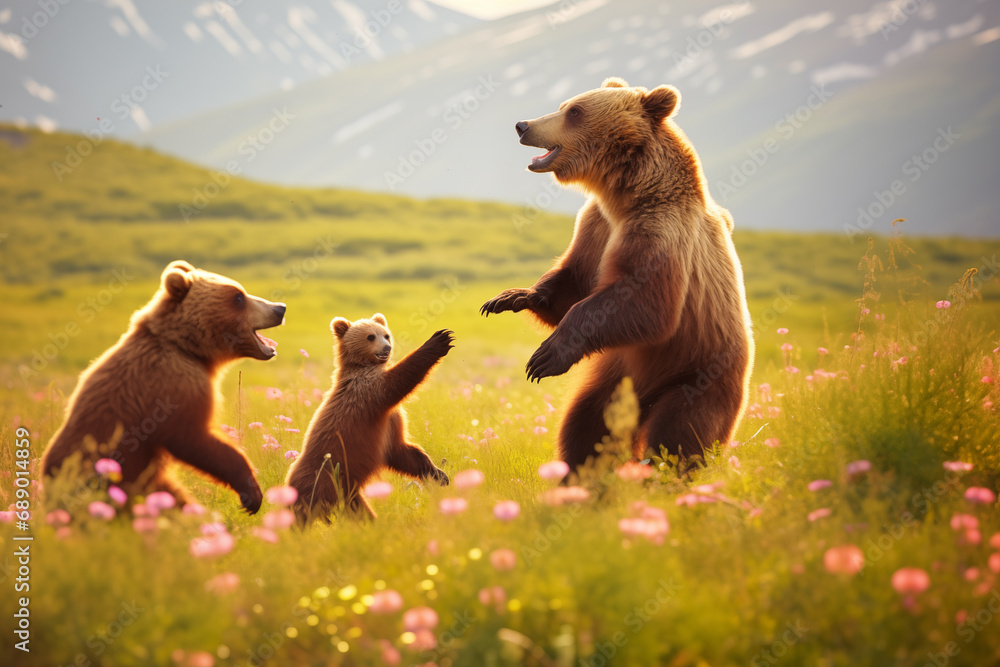 Funny bears playing in field together. Generative AI