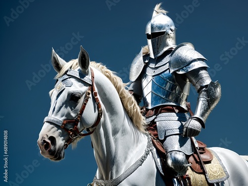 A character of a knight in shining armor with a sword, on a white horse