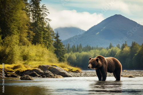 Brown bear standing in river with beautiful nature on background. Generative AI