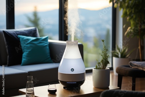 A portable humidifier sits in a sitting room. photo