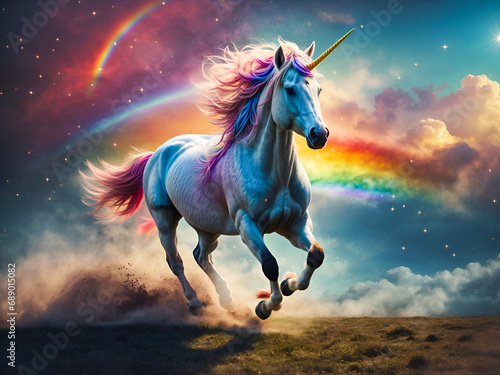 A magical unicorn with a rainbow mane and sparkling hooves