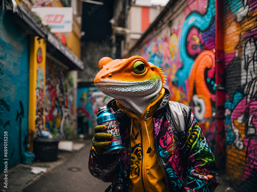 A graffiti artist gecko with a spray can tail