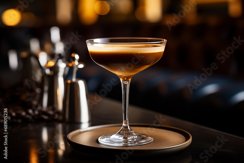 Espresso martini in glass on table at restaurant. Generative AI