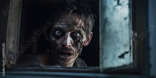 A zombie with haunting, empty eyes staring through a cracked window in a dilapidated house