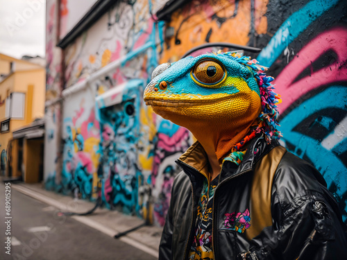 A graffiti artist gecko with a spray can tail