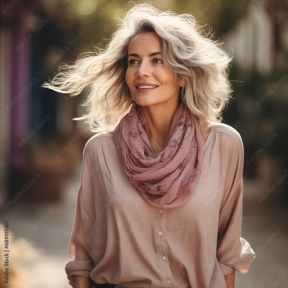 Mature Beautiful Smiling Woman with Gray Hair Explores the Beauty of Nature While Walking Around Mature Beautiful Smiling Woman with Gray Hair Explores the Beauty of Nature While Walking Around