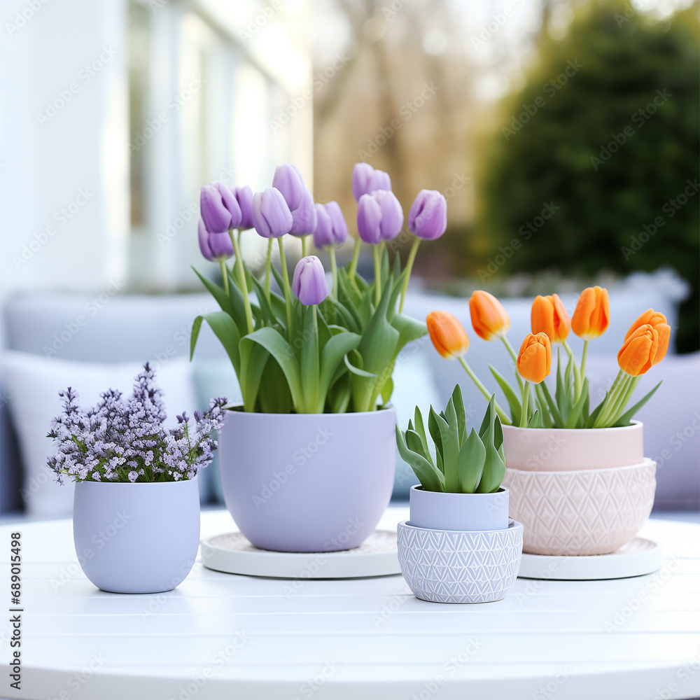 Springtime Gardening: Vibrant Purple and Apricot Tulips in Garden Pots Arranged on a White Table at the Garden.