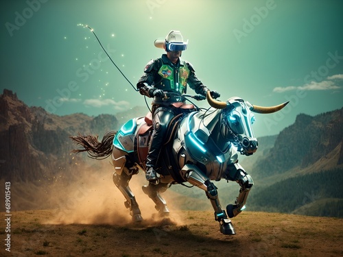 A robot cowboy riding a mechanical bull through virtual reality landscapes