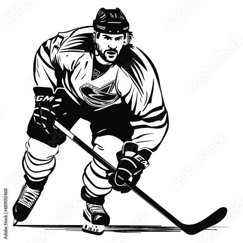 Ice Hockey Player Logo in Stencil Vector: Flat Color Black and White Design on White Background
