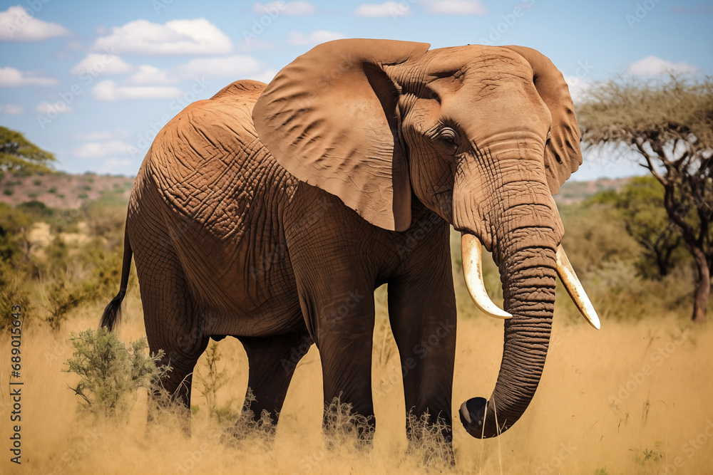 Fototapeta premium Elephant standing in savannah at nature. Generative AI