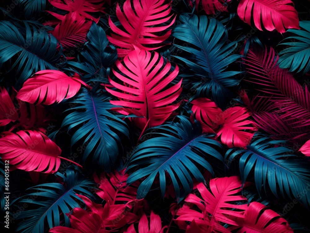a collection of tropical leaves and feathers, digitally altered to display pink and blue hues a collection of tropical leaves and feathers, digitally altered to display pink and blue hues