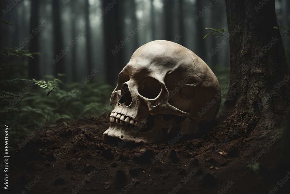 The skull was buried in the ground in a quiet and eerie forest The skull was buried in the ground in a quiet and eerie forest