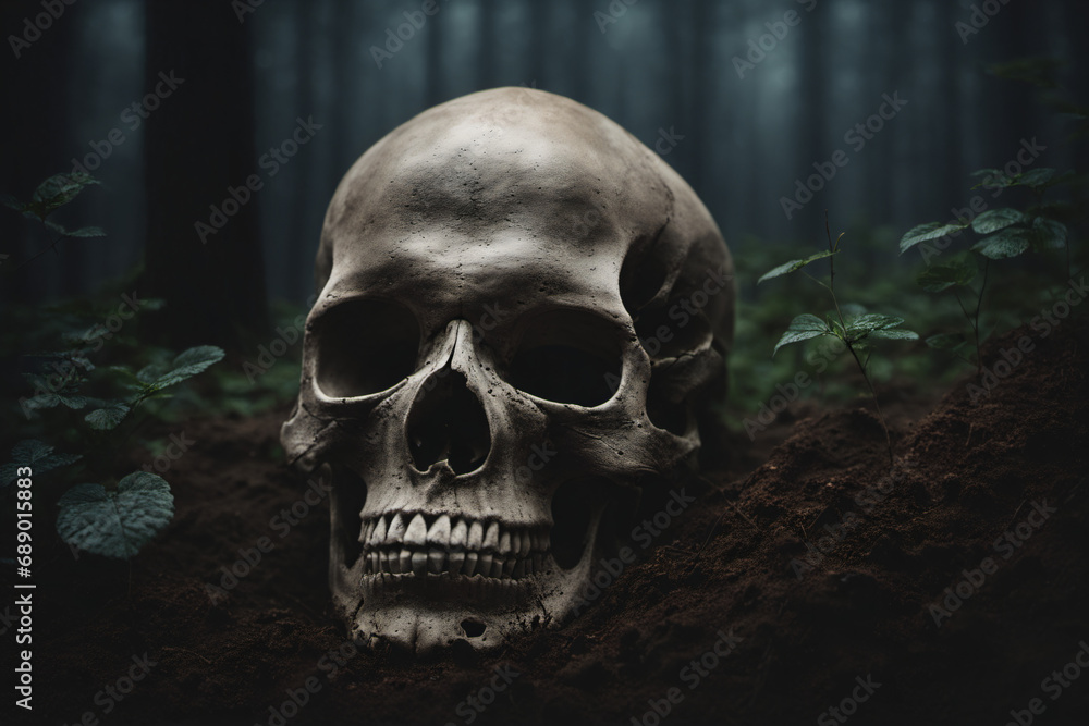 The skull was buried in the ground in a quiet and eerie forest The skull was buried in the ground in a quiet and eerie forest