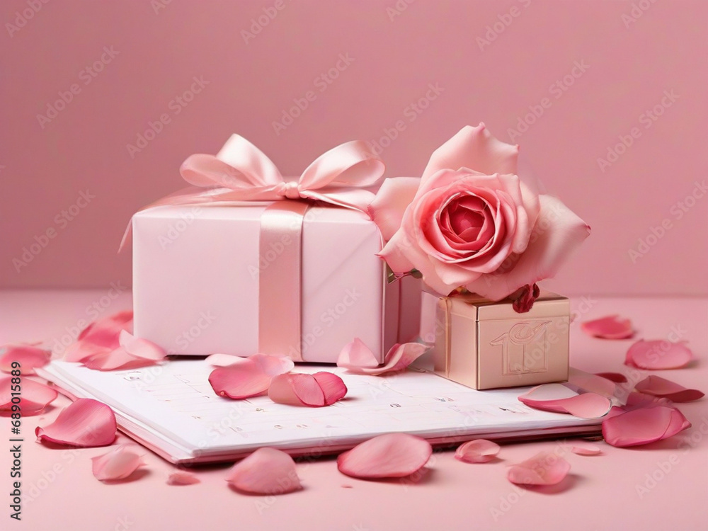 Valentine's day background Pink roses and gift box on calendar with rose petals isolated on pink background Valentine's day background Pink roses and gift box on calendar with rose petals isolated on pink background