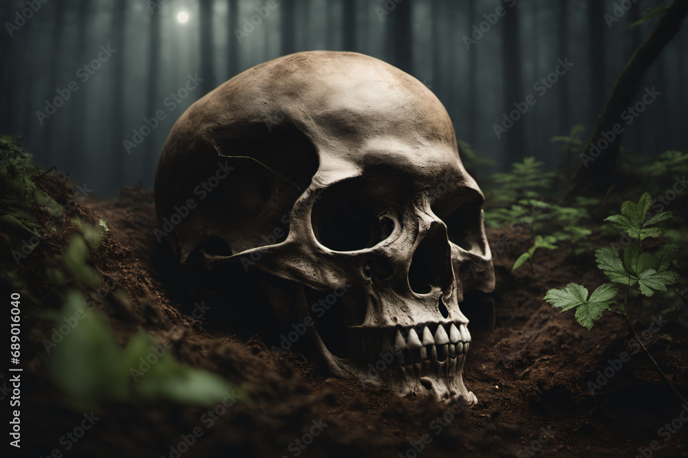The skull was buried in the ground in a quiet and eerie forest