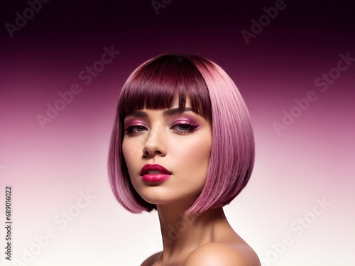 portrait of a woman with a glossy, magenta-hued bob haircut