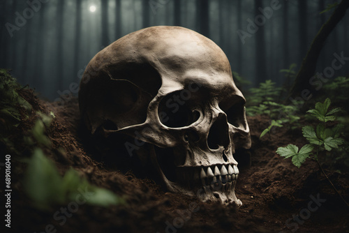 The skull was buried in the ground in a quiet and eerie forest