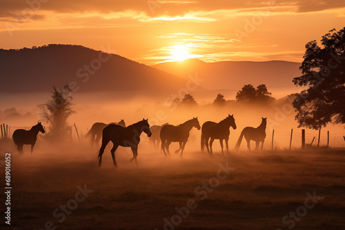 Flock of horses walking in fog at dawn. Generative AI