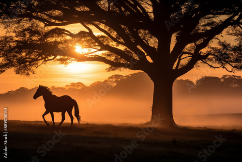 Silhouette of wild horse under the tree. Generative AI © Nomad_Soul