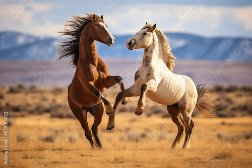 Jumping brown and white stallions in field. Generative AI