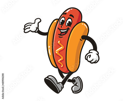 Walking Hot dog Cartoon mascot illustration character vector