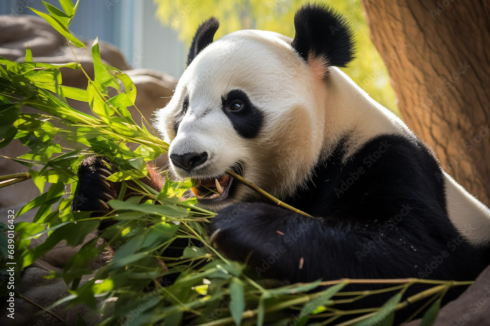 Fototapeta premium Cute big panda eating leaves on sunny day. Generative AI