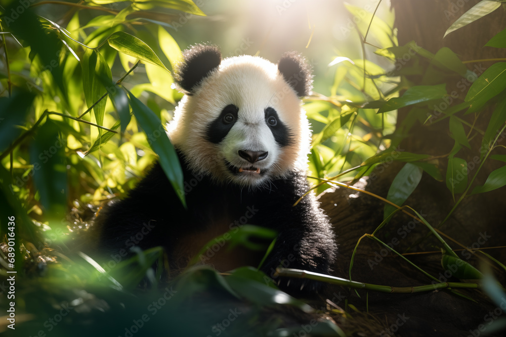 Fototapeta premium Big panda eating leaves on sunny day. Generative AI