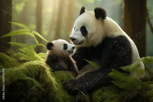Panda mum with baby sitting in forest together. Generative AI