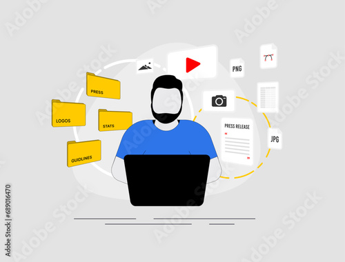 Internet press releases and digital media advertising vector illustration. Media kit - pre-packaged promotional materials for business announcements. Logo, video, photo, press releases and guidelines