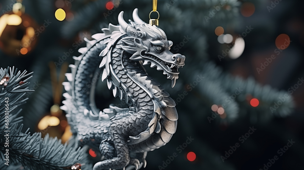 Fototapeta premium Christmas tree toy silver Chinese dragon. symbol of the year 2024
