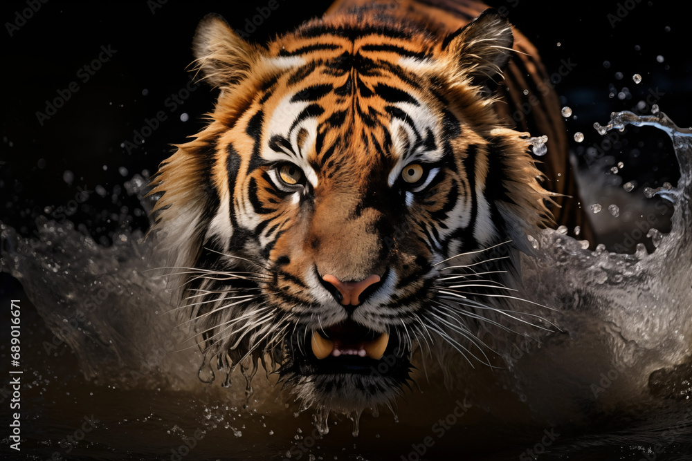 Aggressive tiger with water splashes looking at camera. Generative AI Aggressive tiger with water splashes looking at camera. Generative AI