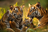 Tiger family resting on grass on sunny day. Generative AI