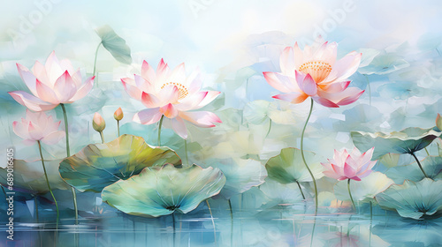 Abstract green lotus leaf and pink lotus flower, abstract art