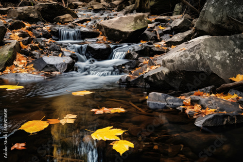 Flow of a mountain stream in the autumn forest