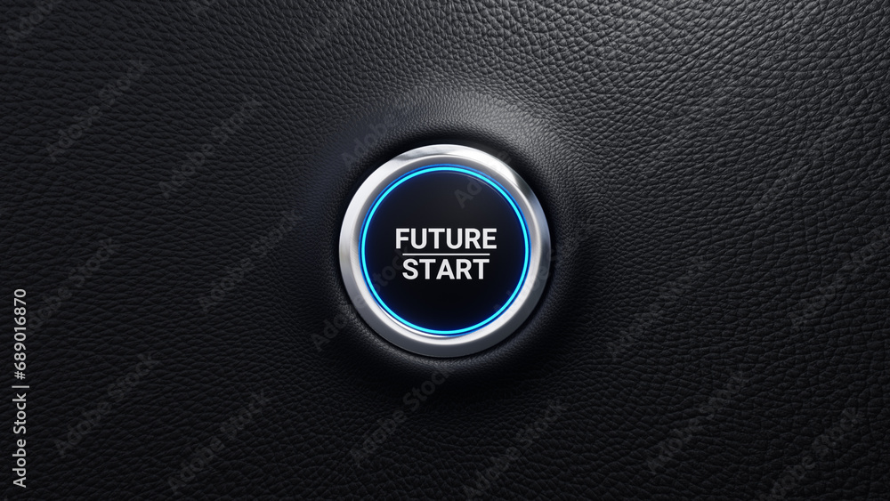 Future start push button. New startup, start a business, change or strategic vision concept. Modern car button with blue shine. 3d illustration - obrazy, fototapety, plakaty 