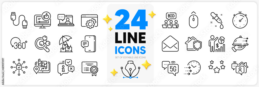 Icons set of Delivery time, Security lock and Timer line icons pack for app with Charging cable, Full rotation, Certificate thin outline icon. Chemistry lab, Chemistry pipette. Vector