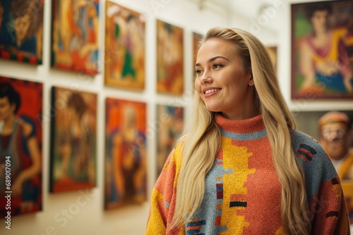 Contemplative Woman in Art Gallery