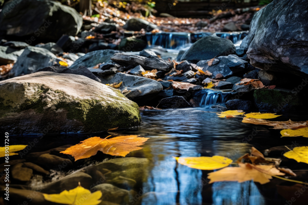 Flow of a mountain stream in the autumn forest