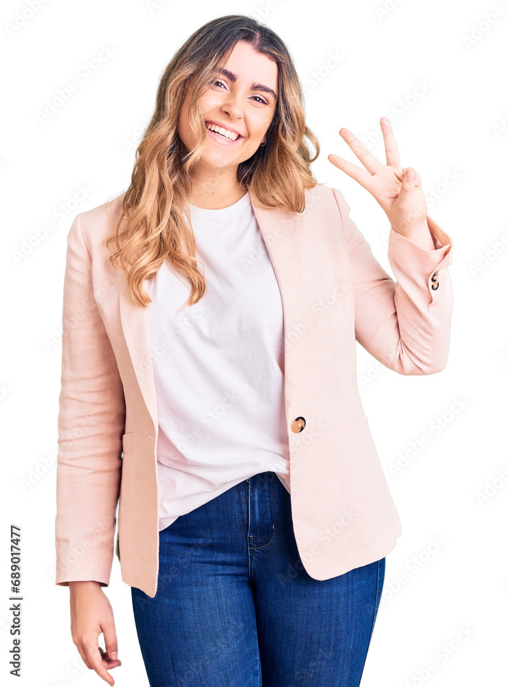 Young caucasian woman wearing business clothes showing and pointing up with fingers number three while smiling confident and happy. Young caucasian woman wearing business clothes showing and pointing up with fingers number three while smiling confident and happy.