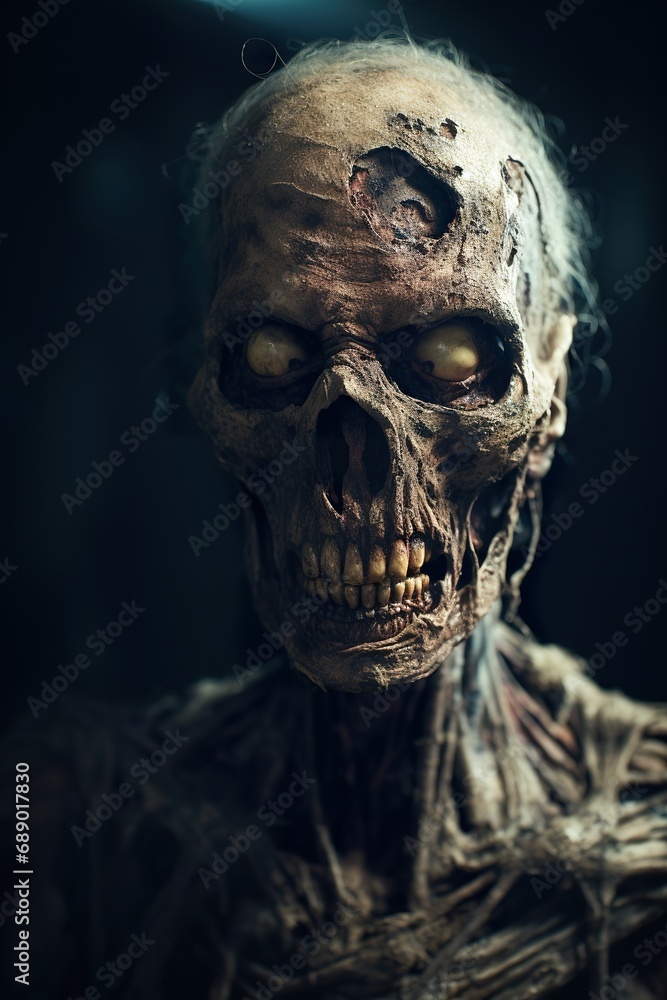 Close-up portrait of a zombie with hollow eyes and decaying skin, in a dark, eerie setting Close-up portrait of a zombie with hollow eyes and decaying skin, in a dark, eerie setting