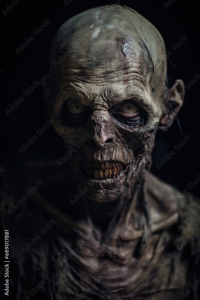 Close-up portrait of a zombie with hollow eyes and decaying skin, in a dark, eerie setting Close-up portrait of a zombie with hollow eyes and decaying skin, in a dark, eerie setting