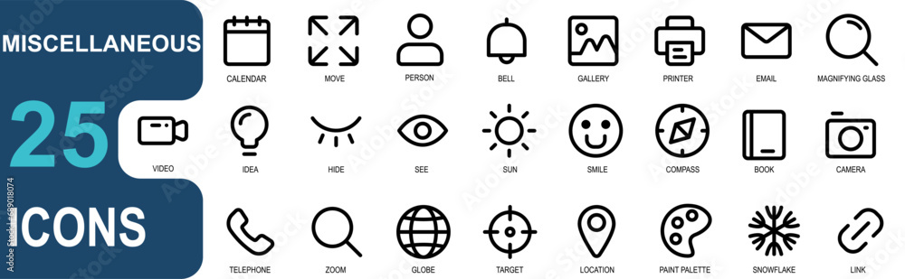 miscellaneous icon set. contains video,bulb,hide,eye,seen,light,sun,emote,direction,book,camera .style icon outline.vector good for web & app.
miscellaneous icon set. contains video,bulb,hide,eye,seen,light,sun,emote,direction,book,camera .style icon outline.vector good for web & app.