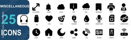 miscellaneous icon set. contains fullscreen,bell,cloud,info,rain,cloud,bookmark,print,game,headphone,usb,love,pizza,charger,watter drop.style icon solid black photo