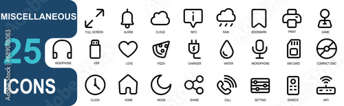 miscellaneous icon set. contains microphone,sim card,compact disc,clock,home,moon,share,call,setting,remote,wifi.style icon outline.vector good for web and app.
 photo