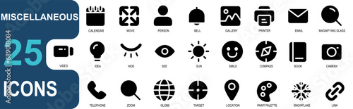 miscellaneous icon set. contains calendar,move,user,bell,gallery,printer,email,magnifying glass,zoom.style icon solid black